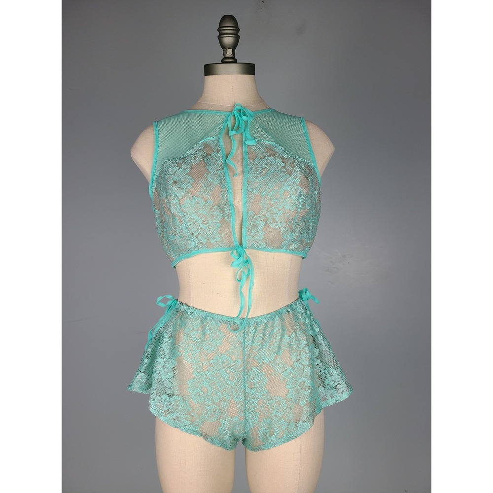 Victoria's Secret Sz M Lingerie Set Crop Top Micro Shorts Mint Green Rave Indie